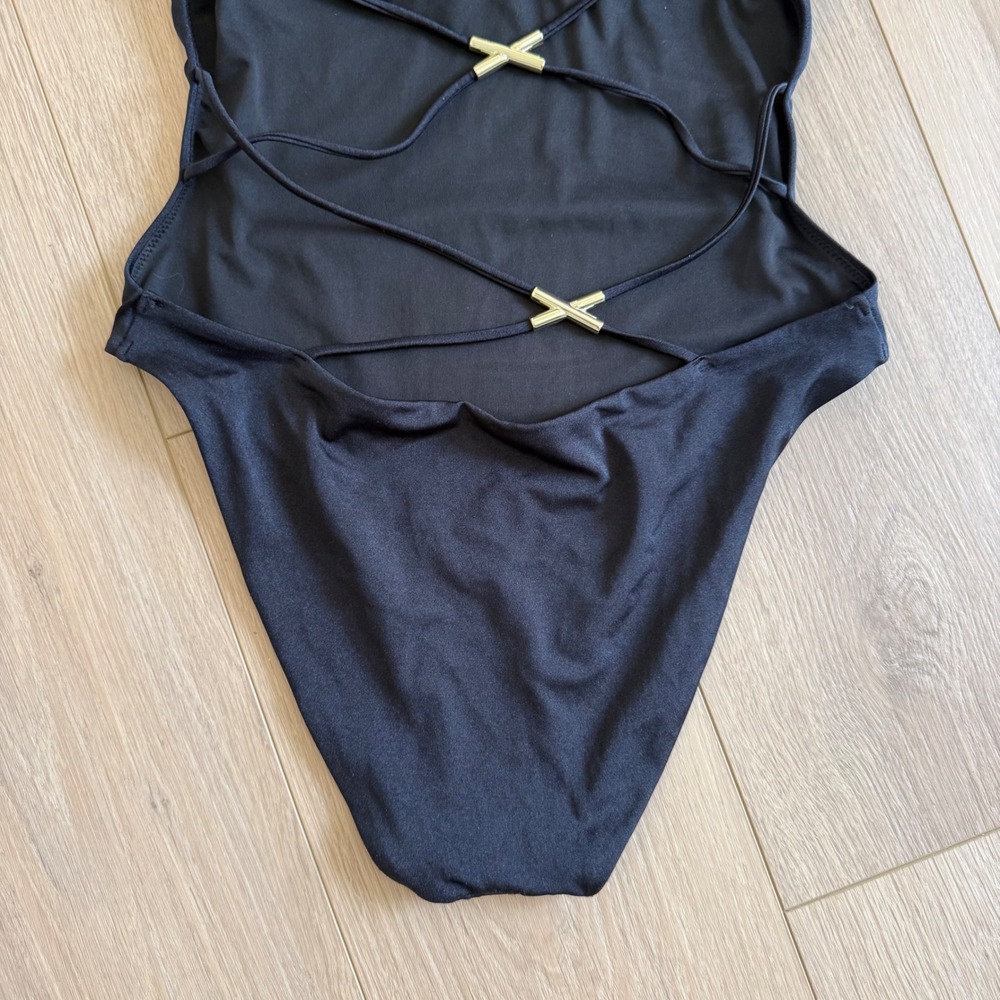 H9 Victorias Secret Black Strappy Back One Piece Swimsuit Gold Hardware Medium - Picture 10 of 13